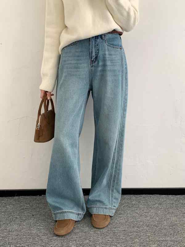 レディース デニムパンツ 春夏 ワイドレッグ ハイウエスト 直筒 長ズボン 牛仔棉 綿混 ポリエステル 軽量 快適 普段使い 通勤 杏色 ライトブルー ポケット ゆったり シルエット ストレッチなし 韓国風 カジュアル