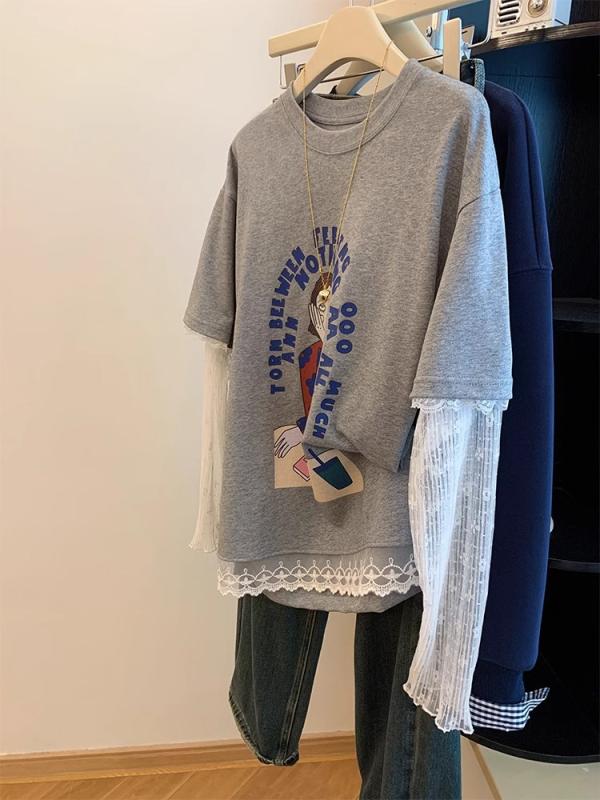 Tシャツ 女性用 長袖 グレー レース 花柄 切り替え 春夏 防晒 スリム トップス コットン 95% ラウンドネック ルーズフィット 中長丈 セットインスリーブ ノーアイロン 韓国風 カジュアル 快適 ゆったり 日常使い 紫外線対策 吸湿速乾 軽量 ソ