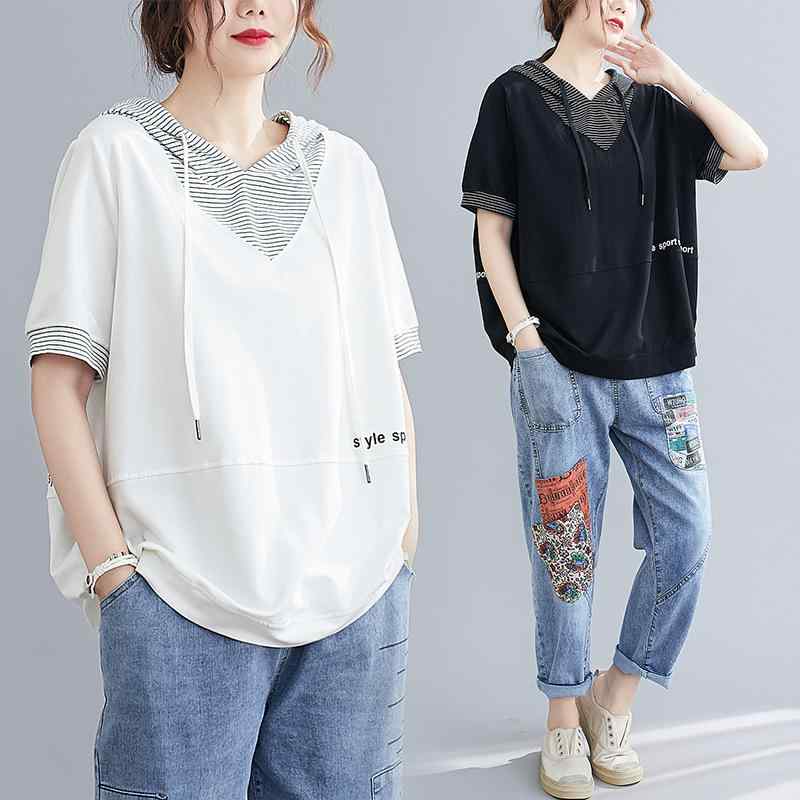 Tシャツ レディース 短袖 綿 ポリエステル 混紡 素材 ブラック ホワイト カラーバリエーション 条紋 柄 アルファベット プリント デザイン 連帽 フード付き ワイドシルエット ゆったり ルーズフィット 短丈 普通丈 気質 通勤 スタイル 快適 日常(x3)