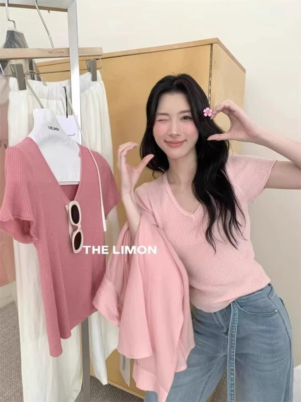 Tシャツ 女性用 夏 ピンク系 Vネック 接触冷感 短袖 トップス 通勤風 修身シルエット 普通丈 セットインスリーブ 単色 かわいい ピーチピンク グレー ブラック ブルー ライトピンク ホワイト イエロー ポリエステル 吸湿速乾 軽量 伸縮性 肩正位