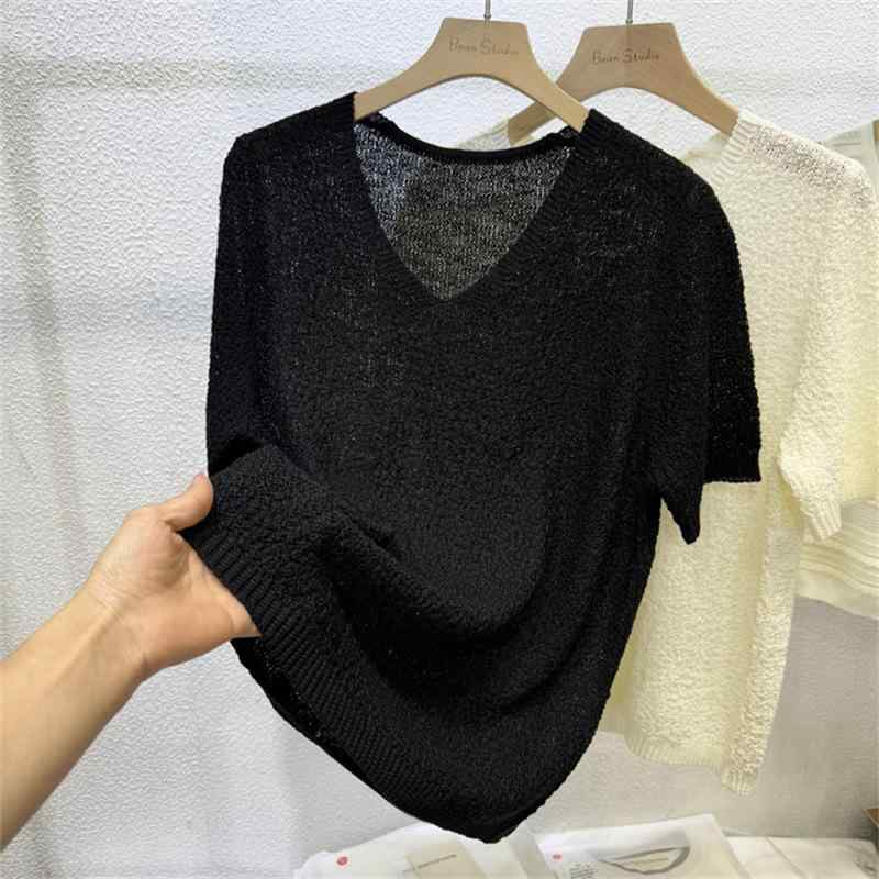 Tシャツ レディース 短袖 トップス 韓風 ゆったり Vネック 透け感 ニット 夏 接触冷感 ポリエステル スパンデックス 無地 米白 ブラック シンプル カジュアル 日常使い 軽量 通勤 ベーシック ソフト素材 吸湿速乾 ビッグシルエット