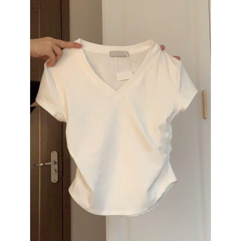 Tシャツ 女性用 春夏 Vネック 短袖 修身 スリムフィット 超短丈 フレア ウエストイン 切り替え ピュアカラー かわいい 軽量 通勤 普段使い 伸縮性 吸湿速乾 ブラック ホワイト ブラウン