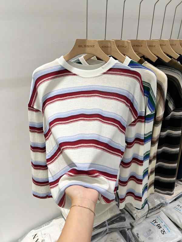 Tシャツ 女性用 日韓風 気質 休? ゆったり 切り替え ストライプ ラウンドネック 長袖 トップス コットン ブラック 赤 ブラウン ブルー 吸湿速乾 通勤 普段使い カジュアル 秋