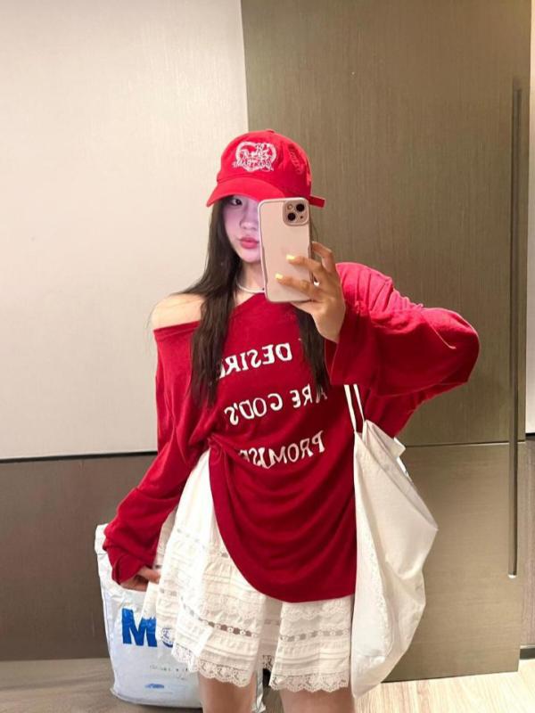 Tシャツ 女性用 長袖 綿 接触冷感 切り替え ワイドシルエット ボートネック 赤 ネイビー 気質 通勤 快適 普段使い 軽量 吸湿速乾 春夏 かわいい 百搭 ファッション トップス 上衣