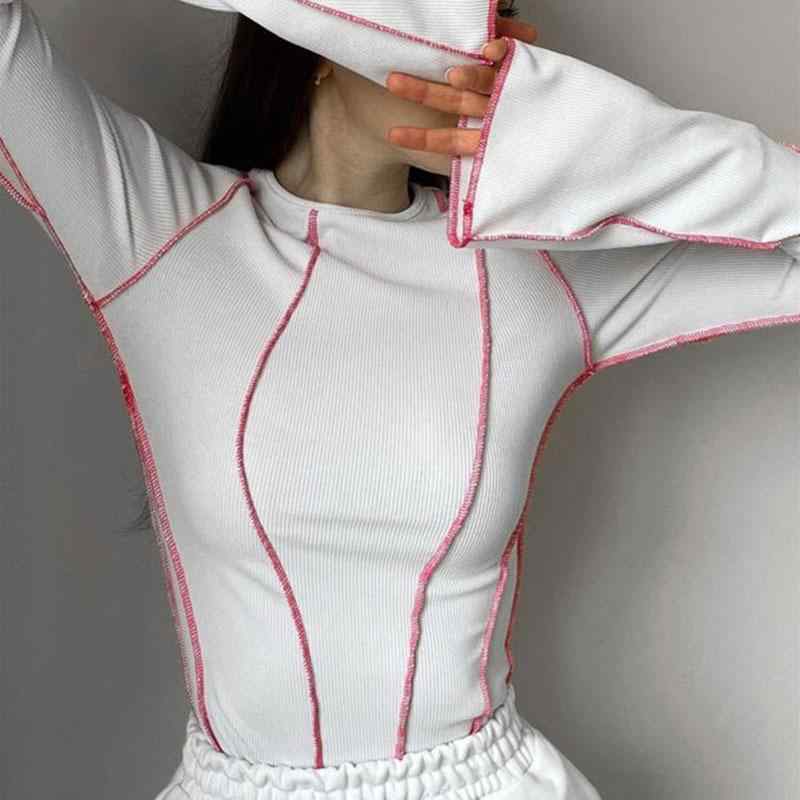 トップス レディース 秋冬 ラウンドネック フラワースリーブ ピンストライプ 長袖 Tシャツ 修身シルエット 気質通勤 韓国風 ポリエステル ストレッチ 接触冷感 ブラック グレー カーキ ホワイト 普段使い 伸縮性 吸湿速乾 軽量 ビッグシルエット V