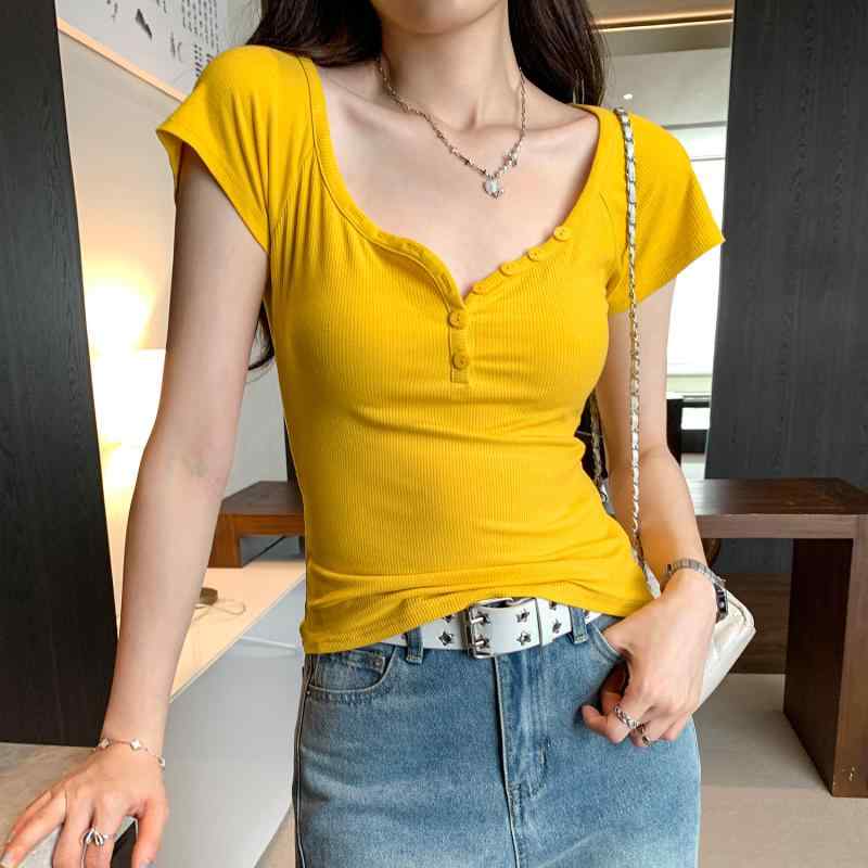 レディース Tシャツ トップス 半排扣 Vネック 修身 短袖 切り替え かわいい ・制腰 気質 通勤 普段使い 接触冷感 再生繊維 伸縮性 吸湿速乾 夏 春夏 ホワイト グレー ブラック イエロー ビッグシルエット ハイウエスト