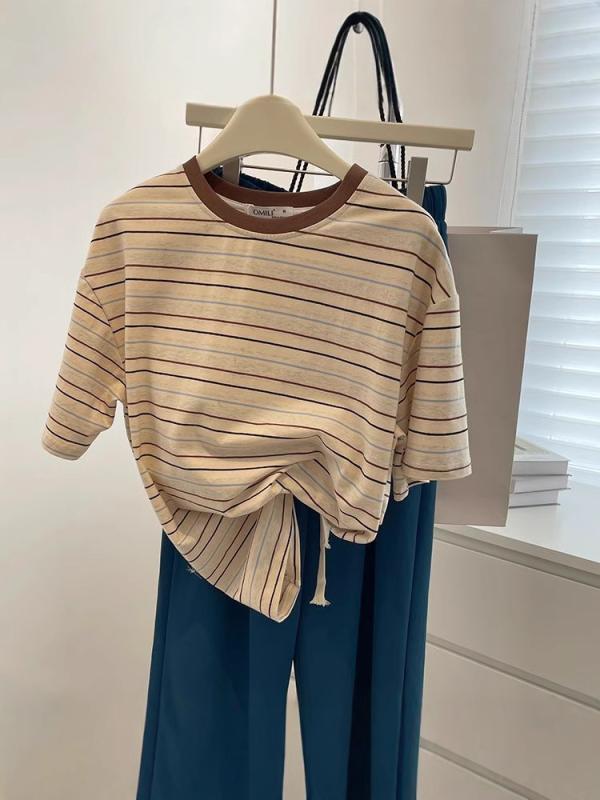 Tシャツ レディース 杏色 短袖 丸首 ストライプ柄 コントラストカラー ワイドストライプ スリム効果 コットン素材 接触冷感 ゆったりシルエット 通勤用 普段使い 夏 吸湿速乾 軽量 気質スタイル