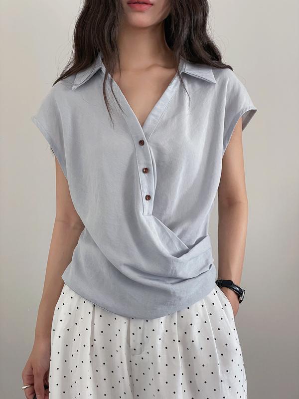 Tシャツ レディース 韓系 通勤 トップス 短袖 Vネック 斜襟 不規則 ヘム 夏 春夏 接触冷感 レイヨン混 再生繊維 軽量 通気性 快適 普段使い ブルー 杏色 カジュアル スタイル