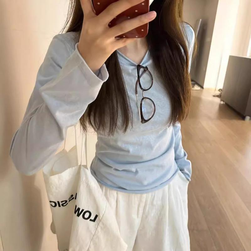 Tシャツ レディース 長袖 薄手 綿素材 接触冷感 防晒機能 巻き縁デザイン 修身シルエット ラウンドネック セットインスリーブ 気質通勤 普段使い ライトブルー ホワイト グレー ブラック ピンク イエロー 春夏 吸湿速乾 軽量 伸縮性