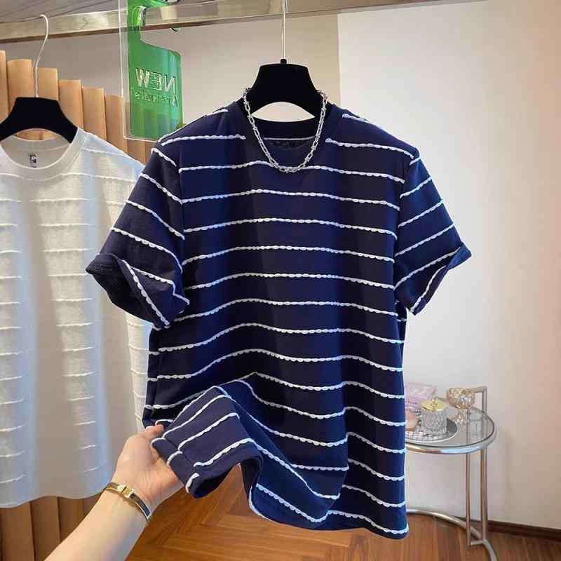 Tシャツ レディース 韓国風 ストライプ 短袖 トップス 半袖 切り替え 上衣 夏 春夏 接触冷感 ポリエステル ワイドシルエット ゆったり 気質 通勤 気軽 快適 休日 ネイビー グレー ホワイト