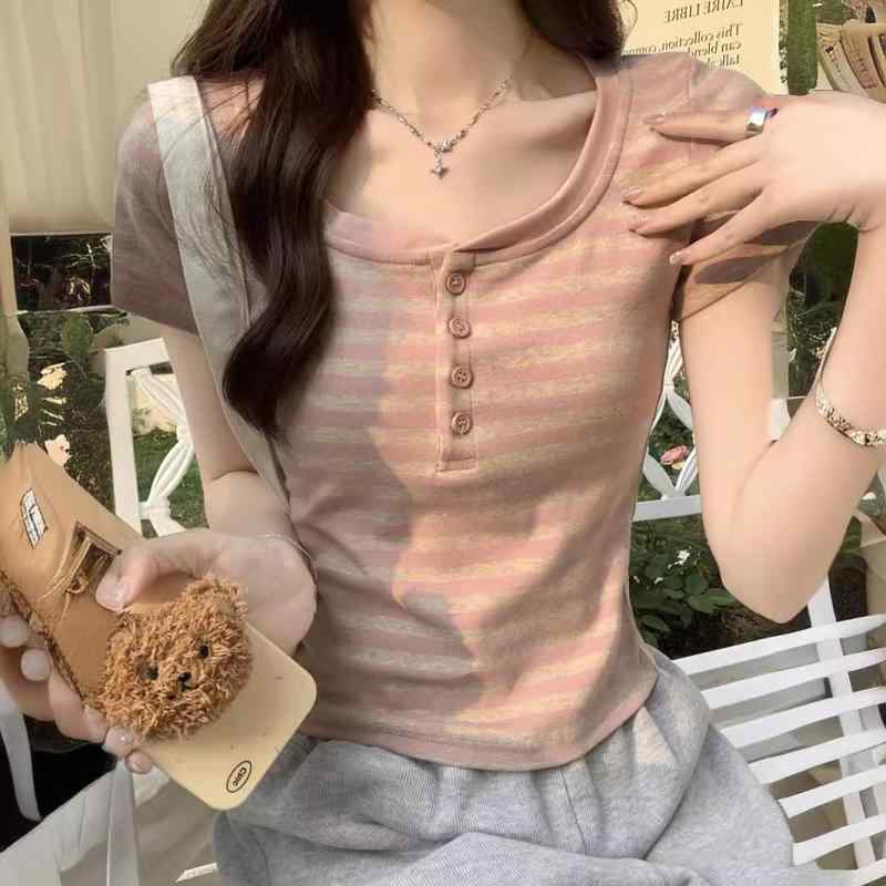 Tシャツ 女性用 短袖 半開襟 修身 ストライプ ピンク ブラック モカ コットン ストレッチ 接触冷感 イージーケア 復古 夏 トップス 短丈 スリムシルエット かわいい 軽量 通勤 普段使い セットアップ