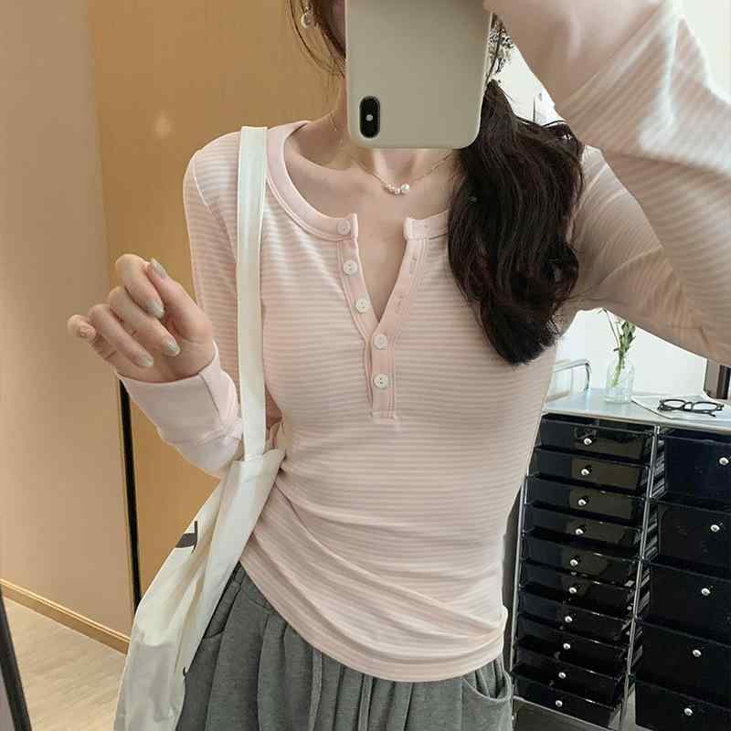 トップス 長袖 女性用 春夏 修身 インナー ストライプ 綿 スパンデックス 切り替え セットインスリーブ 半開き襟 ボタン 気質 気質 通勤 普段使い 吸湿速乾 伸縮性 ライトウェイト ブルー ピンク ブラウス カットソー シャツ