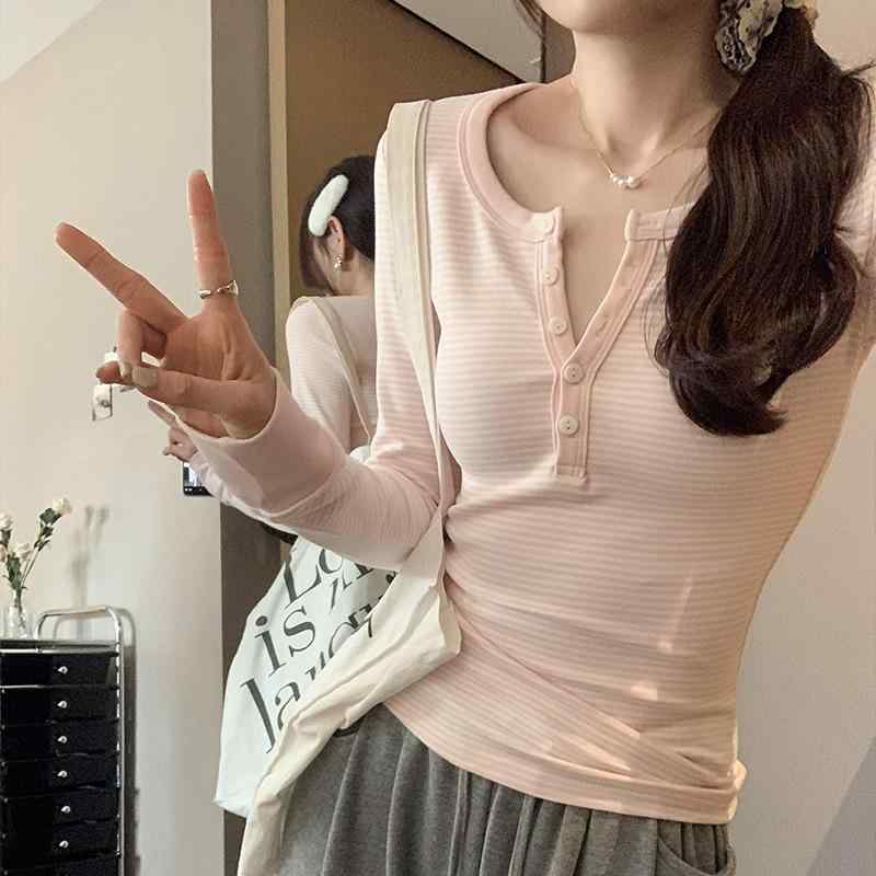 Tシャツ 女性用 通勤 長袖 ストライプ 修身 トップス 綿素材 純色 丸首 春 ブルー ピンク 気質 インナー 軽量 吸湿速乾 シンプル 春夏 カジュアル