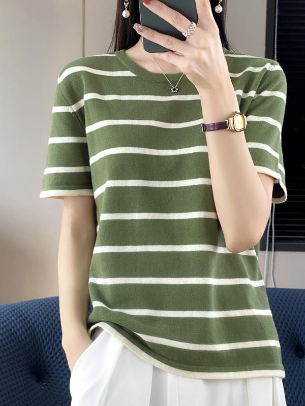 Tシャツ レディース 春夏 短袖 韓国風 丸首 ワイドシルエット すっきり見え コットン 素材 ストライプ 柄 切り替え 色 紺 緑 茶色 黒 ライトグリーン ピンク シンプル スタイル ゆったり 快適 普段使い トップス