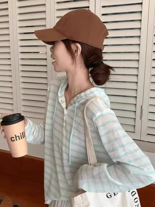 Tシャツ 女性用 緑 条紋 デザイン 長袖 カーディガン 防晒 帽子付き トップス 接触冷感 切り替え ゆったり ルーズフィット 春夏 夏用 軽量 吸湿速乾 通勤 普段使い アウトドア 日韓カジュアル