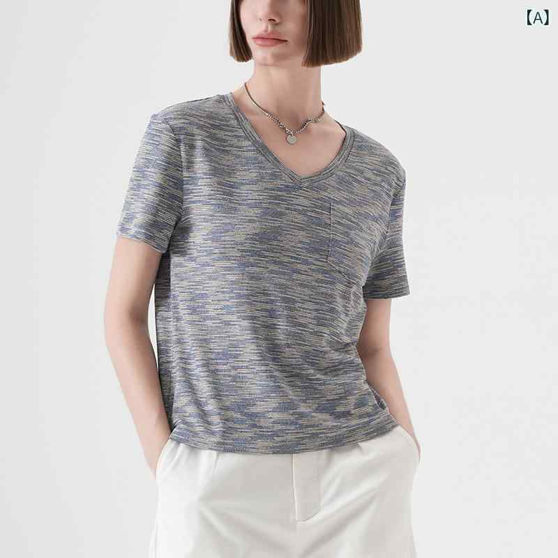 Tシャツ 女性用 Vネック 短袖 春夏 接触冷感 レイヨン混 ポリエステル スパンデックス 切り替え ピック ブラック ネイビー キャメル ゆったり トップス 韓国風 日常使い 吸湿速乾 軽量 通気性 シンプル スタイリッシュ