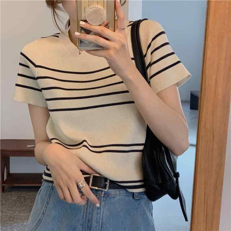 Tシャツ レディース 夏 条紋 短袖 トップス 修身 丸首 セットインスリーブ 徽章 デザイン 気質 通勤 都市風 快適 休? 接触冷感 再生繊維 白色 ブラック 軽量 吸湿速乾 伸縮性 普段使い