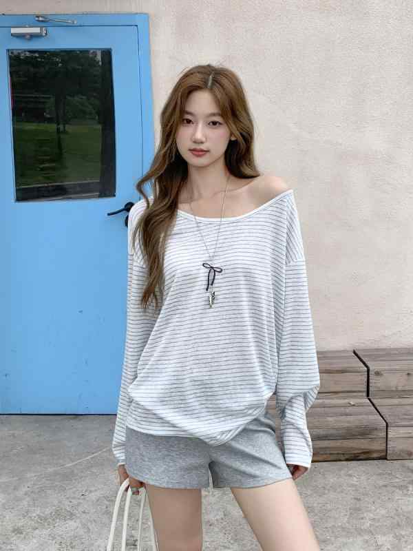 Tシャツ 女性用 韓系 リラックススタイル ストライプ Uネック 長袖 防晒 トップス ゆったりシルエット 中長丈 ブルー ホワイト 切り替え 夏 春夏 カジュアル 吸湿速乾 接触冷感