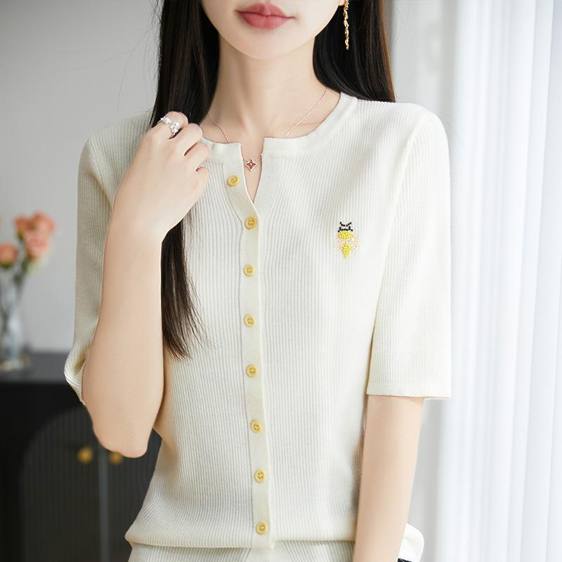 カーディガン レディース 刺繍 短袖 開襟 夏 薄手 シングルブレスト トップス 気質 通勤 綿 ワイドシルエット Vネック ビーズ ボタン グレー ネイビー ピンク ベージュ ライトブルー イエロー 蜂柄 軽量 吸湿速乾 涼しい 普段使い オフィス 春
