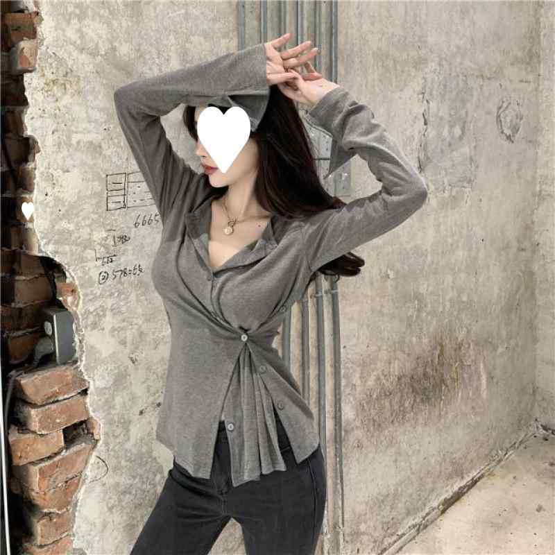 長袖Tシャツ 女性用 秋冬 Vネック ニット 修身 肩パッド トップス インナー レイヤード シャツ 気質 通勤 都市 スタイル 醋酸繊維 ポリエステル 免? 加工 グレー ミリタリーグリーン ブラウン ブラック ホワイト 軽量 伸縮性 吸湿速乾 接触冷