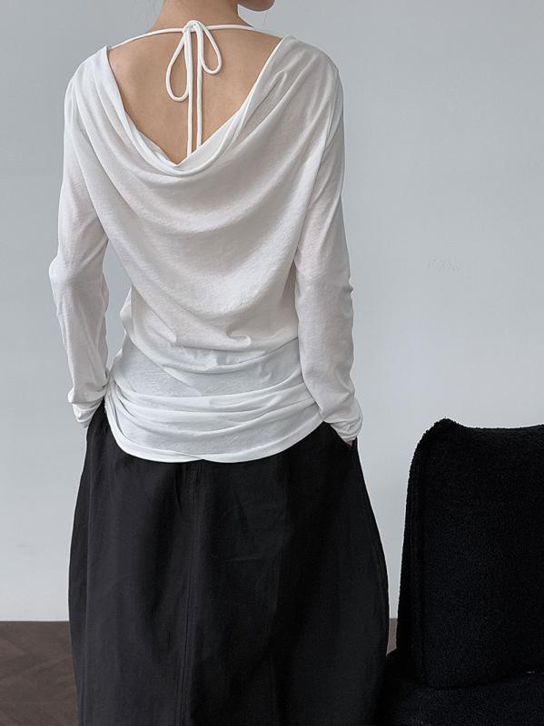Tシャツ 女性 長袖 綿 素材 散熱繊維 接触冷感 切り替え デザイン 後ろ開き ネック バインダー トップス インナー 防晒 打底 ブラック ホワイト ベージュ 夏 春夏 ゆったり シルエット シンプル 日常使い 軽量 通勤 カジュアル 吸湿速乾 伸縮