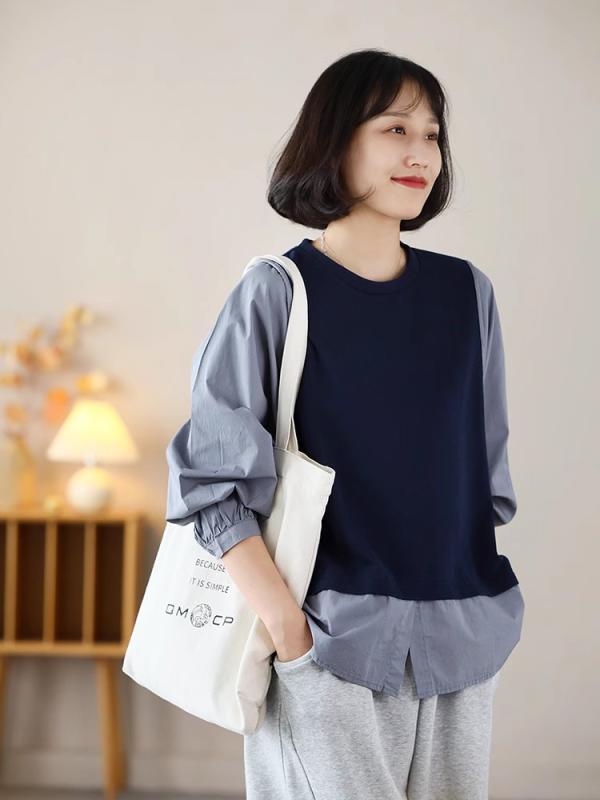 Tシャツ レディース 秋 長袖 綿 接触冷感 丸首 ゆったり 韓国風 トップス ブラウス セーター チュニック ワンピース風 レイヤード 部屋着 普段使い 軽量 吸湿速乾 再生繊維 ネイビー ブラック アイボリー ピンク系 グレー系 ビッグシルエット ゆ