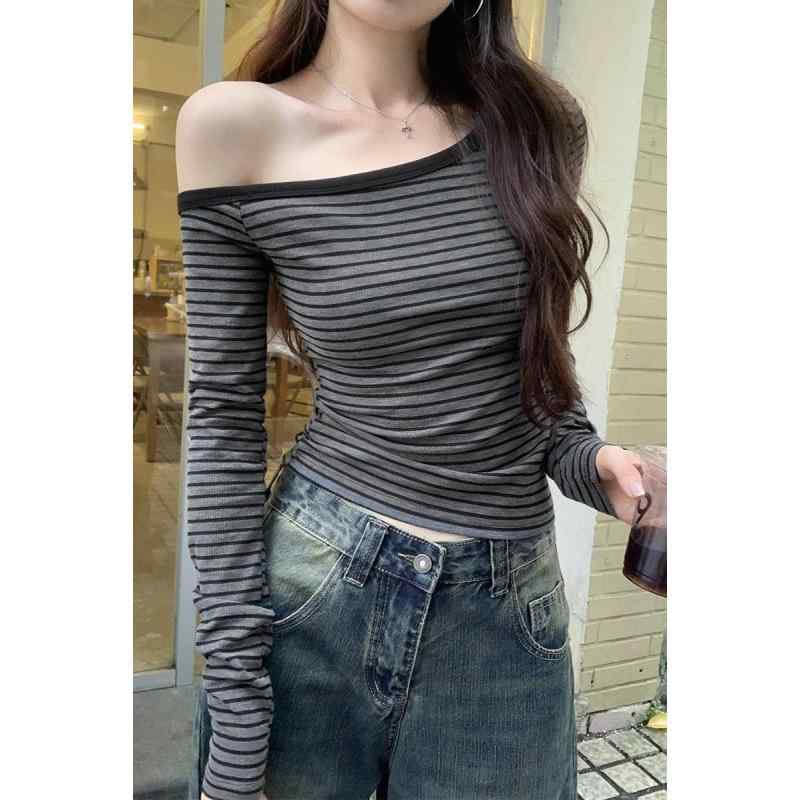 Tシャツ レディース 長袖 斜め肩オフショルダー 条紋柄 修身シルエット 気質通勤 通勤用 秋早秋 インナー トップス ブラウス 灰色 杏色 紺色 吸湿速乾 軽量 伸縮性 秋冬 普段使い カジュアルスタイル 切り替えデザイン Vネック風 接触冷感素材 再