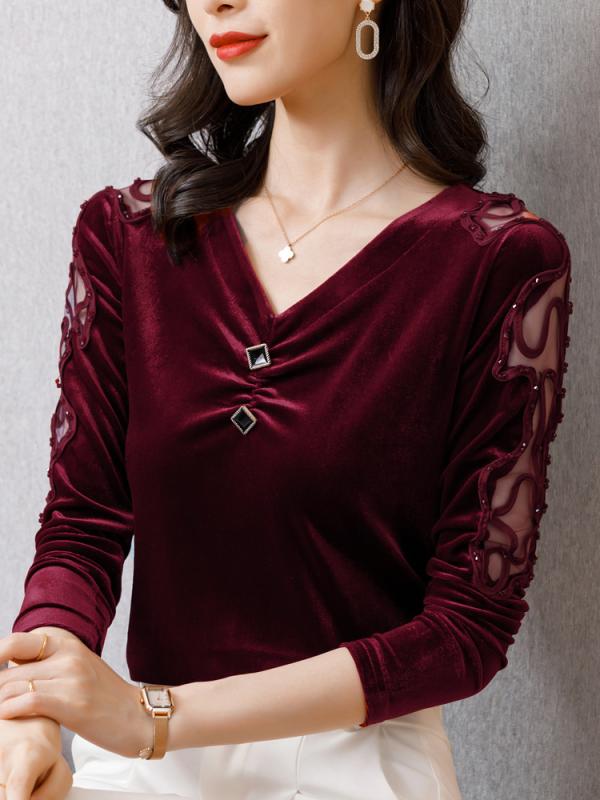 トップス 女性用 Vネック 修身シルエット 刺繍 ベルベット 長袖 インナー レイヤード Tシャツ かわいい 気質 通勤 普段使い 純色 セットアップ 赤 ブルー ブラック 軽量 伸縮性 吸湿速乾 コットン混 再生繊維 秋冬