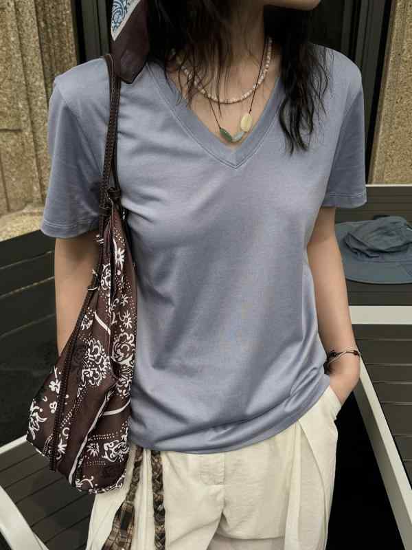 Tシャツ 女性用 春夏 短袖 Vネック トップス 修身シルエット 切り替え 綿素材 速乾 純色 緑 霧霾ブルー 砂色 日韓カジュアル 普段使い 軽量 通勤対応 伸縮性 吸湿速乾 基礎アイテム 百搭