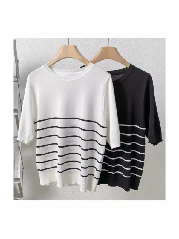 Tシャツ 女性用 短袖 夏 接触冷感 ニット 薄手 ルーズフィット 黒白 ストライプ ラウンドネック トップス 切り替え デザイン シンプル スタイル 快適 普段使い 吸湿速乾 伸縮性 再生繊維 混紡 軽量 日韓 カジュアル