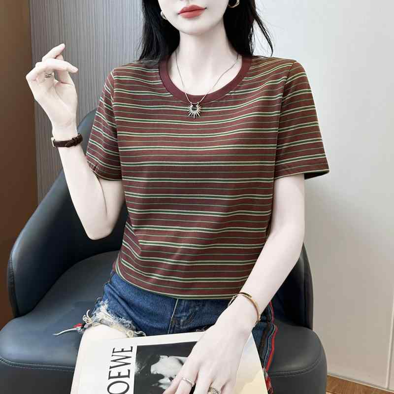 Tシャツ レディース 短袖 ストライプ柄 切り替えデザイン コットン混 ストレッチ素材 接触冷感 通気性 ゆったりシルエット ルーズフィット 丸首 韓国風 カジュアル トップス ブラウス 日常使い 夏服 グリーン系 ベージュ