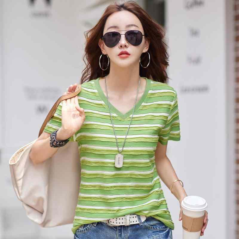 Tシャツ レディース 春夏 短袖 Vネック トップス コットン 彩色コットン 条紋柄 格子柄 セットイン 提花加工 ワイドシルエット ルーズフィット クラッシュカラー ブラック ブルー ピンク グリーン 通勤スタイル 気質カジュアル 吸湿速乾 軽量 普段