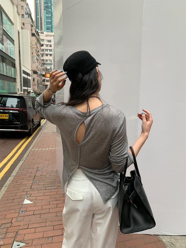 Tシャツ 女性用 春夏 長袖 丸首 背中開き ゆったりシルエット 切り替えデザイン 接触冷感 天絲素材 純色 通勤普段使い 軽量 吸湿速乾 ブラック ホワイト グレー ブルー ピンク ベージュ