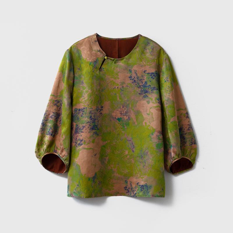 Tシャツ 女性用 春夏 草緑 桑蚕シルク 100% 国風 花柄 提花 加工 丸首 七分袖 中袖 ゆったり トップス ワンピース風 シャツ ブラウス 復古 スタイル 軽量 吸湿 速乾 植物 モチーフ 文学的 デザイン 日常使い 部屋着 通勤 普段着 かわい