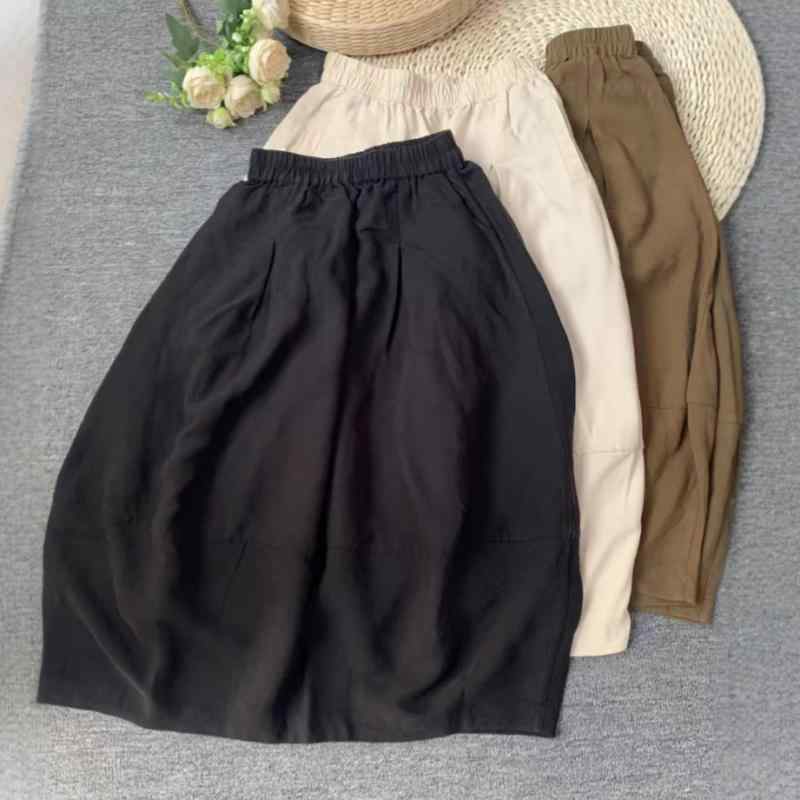 スカート 女性用 半身スカート 花苞スカート 中長丈 春夏 ミディスカート 綿麻 麻素材 テンセル混 ライセル繊維 切り替え 撞色デザイン 米白色 芥末黄 ブラック 無弾力 ゆったりシルエット 松緊腰 快適 気質 復古 芸術風 普段使い 通勤 軽量 吸湿