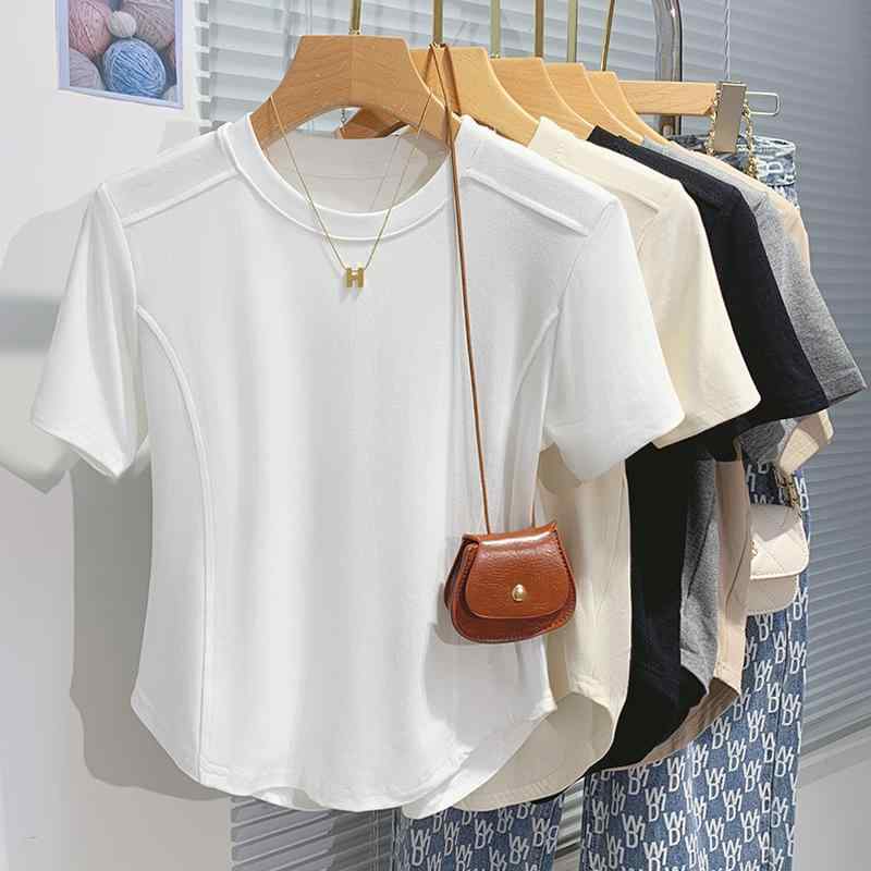 Tシャツ 女性用 夏 短袖 切り替え フィッシュボーン インナー トップス 修身 シンプル スリム 百搭 丸首 純色 白色 ブラック ベージュ カーキ グレー 軽量 吸湿速乾 通勤 普段使い デイリー