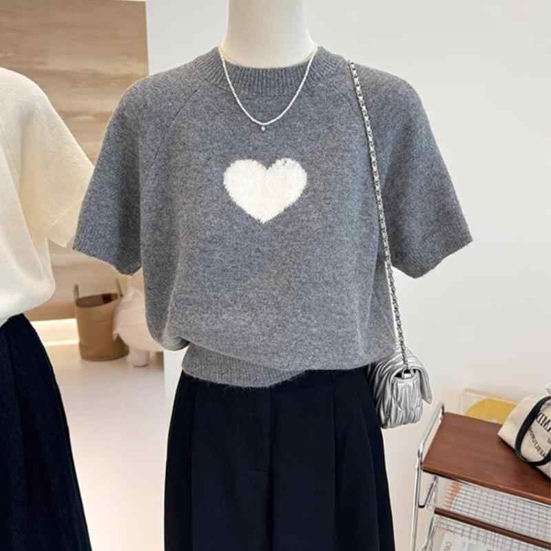 Tシャツ レディース 短袖 ニット トップス 灰色 ハート柄 切り替え 接触冷感 吸湿速乾 気質 通勤用 普段使い 軽量 伸縮性 ハイウエスト ビッグシルエット Vネック ラウンドネック 肩落とし袖 短丈 春夏 秋 再生繊維 綿混 ピンク系 アイボリー