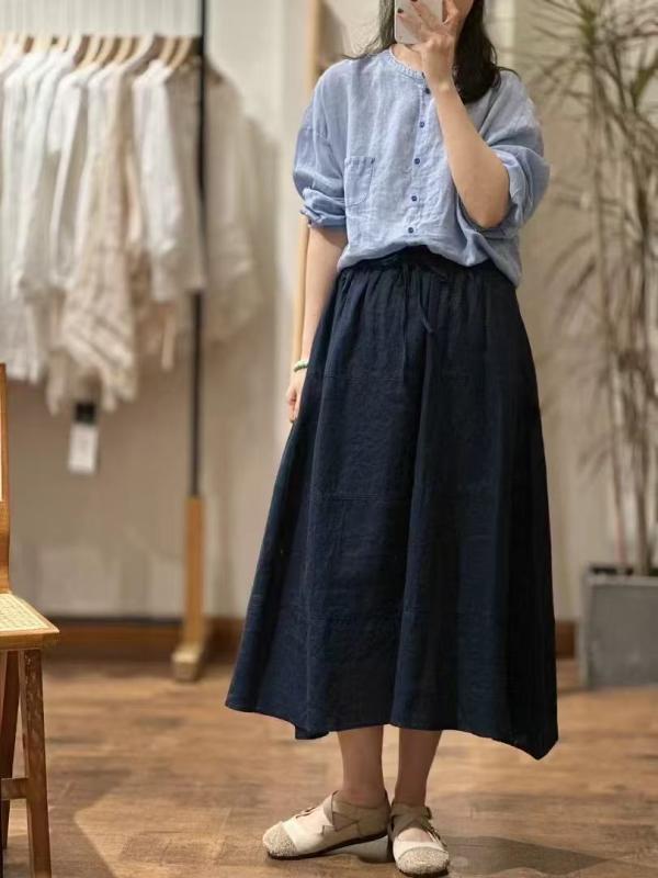 半身スカート 女性用 春夏 綿麻 高腰 Aライン ロングスカート 垂れ感 気質 軽量 吸湿速乾 快適 リラックススタイル アイボリー ブラック ネイビー カーキ ベージュ 95% 以上 再生繊維
