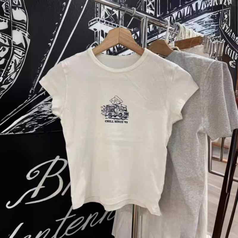 Tシャツ 女性用 短袖 丸首 車プリント 綿素材 接触冷感 短丈 ゆったりシルエット かわいい キャラ柄 白色 春夏 通勤 普段使い 吸湿速乾 軽量 爽やかスタイル