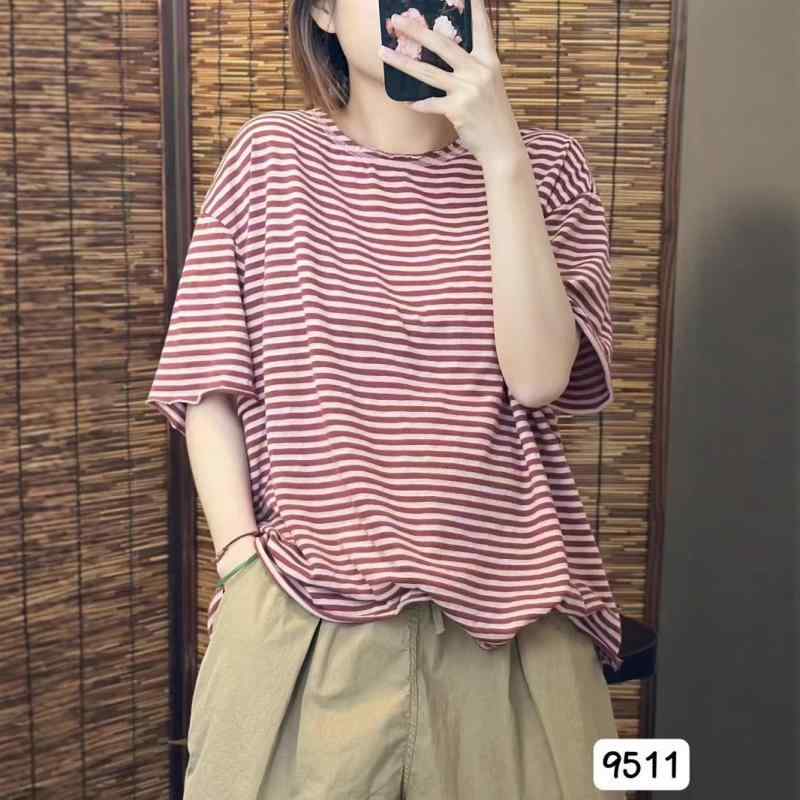 Tシャツ 女性用 短袖 丸首 落肩袖 撞色 条紋柄 綿 素材 95%以上 ルーズフィット 普通丈 春夏 日韓風 カジュアル トップス ブルー レッド グレー イエロー ブラウン シンプル ゆったり レイジースタイル 普段使い 吸湿速乾 軽量