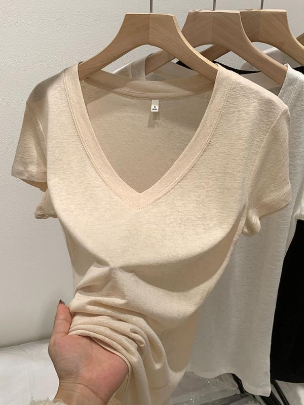 Tシャツ 女性用 春夏 Vネック 短袖 トップス ゆったりシルエット 純色 コットン混 ポリエステル混 接触冷感 吸湿速乾 軽量 普段使い カジュアルスタイル かわいい ブラック ホワイト ベージュ