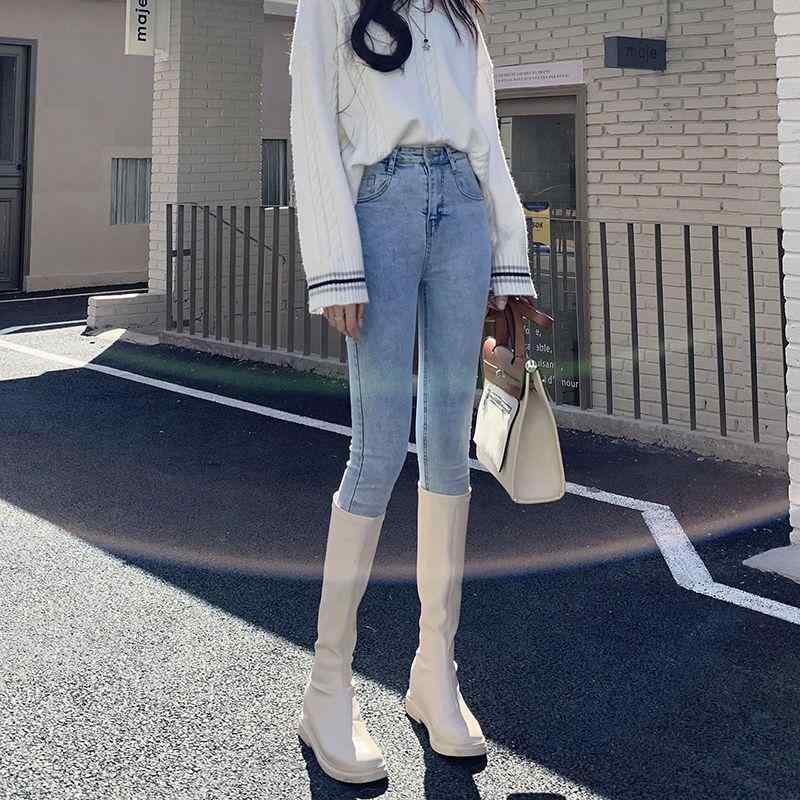 レディース 牛仔パンツ 春夏 韓国風 高腰 スリム 小脚 鉛筆パンツ ロング丈 綿 ポリエステル 混合素材 微弾性 軽量 免?加工 ポケット 付き 気質 優雅 復古 スタイル 普段使い 通勤 コーデ ライトブルー ブルーグレー グレー ブラック カラー