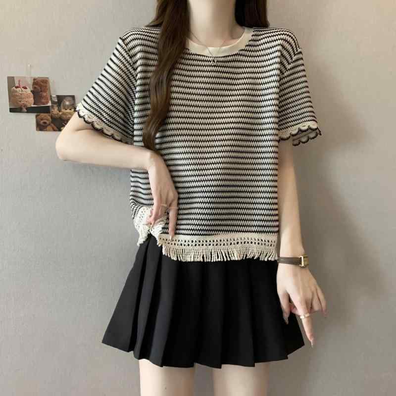 Tシャツ 女性用 夏 半袖 ストライプ 接触冷感 丸首 直筒型 流すデザイン ゆったり大サイズ 隠れお腹 スリム効果 ミディホワイト ファッション カジュアル 気品 私服