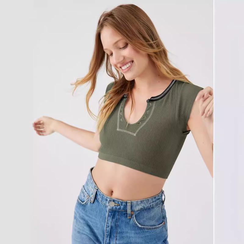Tシャツ 女性用 短袖 Vネック 無袖 ピットストライプ 背面デザイン 糖果カラー クロップド丈 露出腹部 Y2K ストリートスタイル 打底 トップス かわいい 春夏 接触冷感 ポリエステル 刺繍柄 花柄 ミリタリーグリーン イエロー カーキ ネイビー