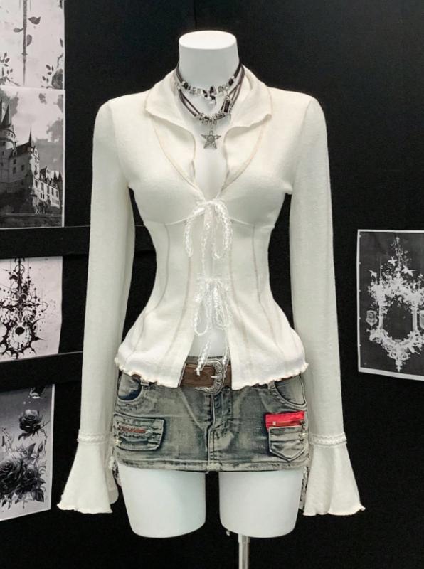 Tシャツ 女性用 春夏 Vネック 長袖 喇叭袖 切り替え プリント 抽象柄 純色 白色 修身 街頭スタイル 個性派 ポリエステル 伸縮性 吸湿速乾 50cm以上65cm以下 トップス 普段使い 軽量 通勤対応