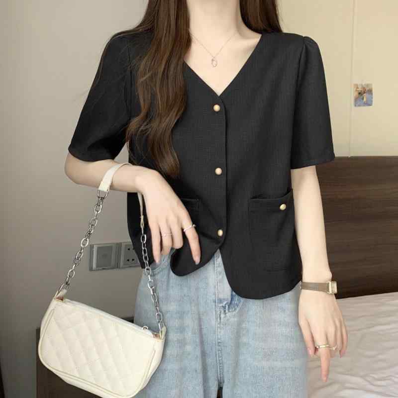 Tシャツ 女性用 春夏 Vネック 短袖 シャツ トップス 花びら袖 荷葉エッジ 格子柄 西装風 ブラウス 綿ポリエステル 素材 ゆったり シルエット 軽量 薄手 ストリート ファッション ブラック アイボリー 接触冷感 吸湿速乾 通勤 普段使い カジュア