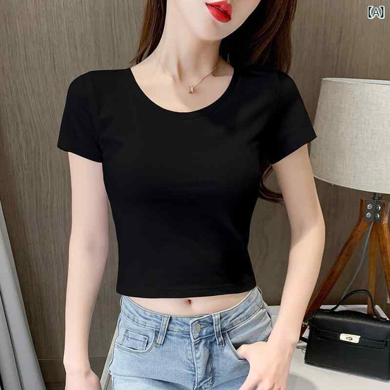 Tシャツ 女性用 短袖 Vネック ブラック 修身 スリム 短丈 インナー トップス コットン スパンデックス 綿95%以上 伸縮性 ノーアイロン シングルピース ソリッドカラー 通勤 通勤風 清新 甘め 普段使い 軽量 接触冷感