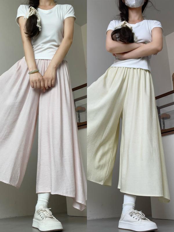 スカートパンツ レディース 夏 薄手 高腰 ゆったり ワイドレッグパンツ 接触冷感 ポリエステル 淡いピンク 米白 淡いブルー 豆沙グリーン 淡いグリーン 淡いイエロー 通勤 普段使い ミッドレングス 微弾性 シワ加工なし