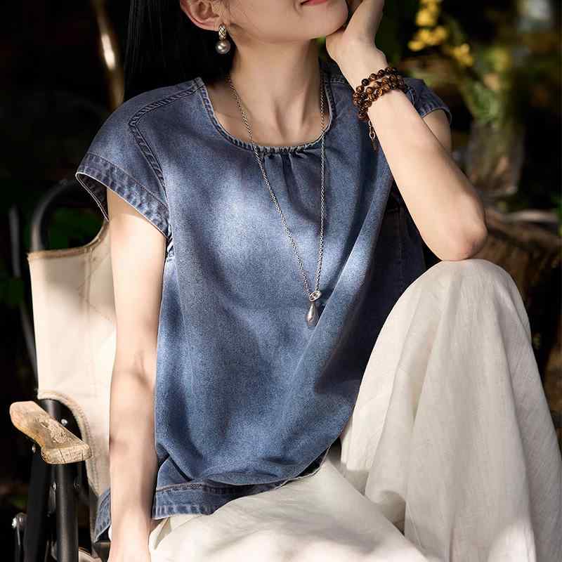 T プルオーバー お上さん用 無袖 短袖 綿織物 うつり変わり ルーズフィット 短丈 ラウンドのど首 通い 愛くるしげ 軽さ 伸縮性 吸湿速乾 ライトビンテージブルー ダークビンテージブルー 春夏 心地よい