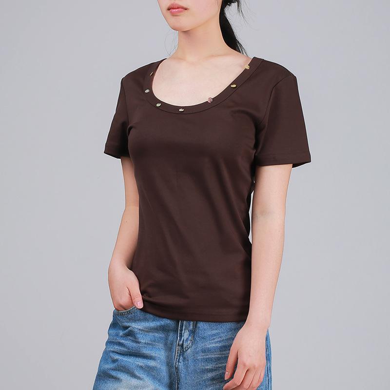 Tシャツ 女性用 短袖 Uネック コットン テンセル 混紡 修身 スリムフィット 立体裁剪 純色 春夏 ブラック ホワイト モカブラウン 日韓カジュアル 普段使い 軽量 通勤対応 トップス インナー